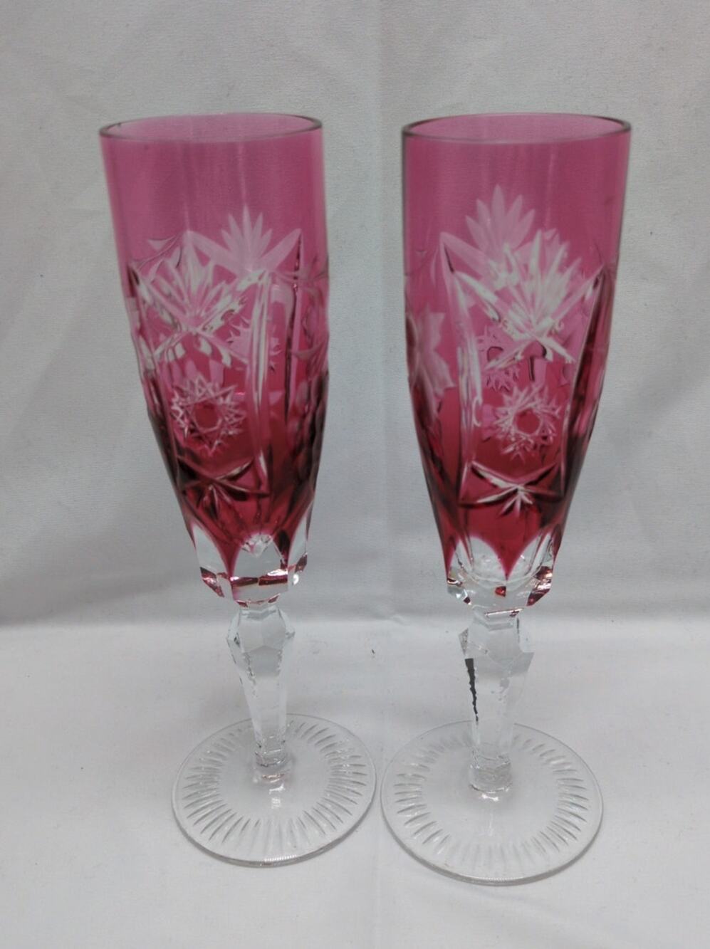 Set 2 Nachtmann Traube Cranberry Cut to Clear Crystal Champagne Flutes 8.5